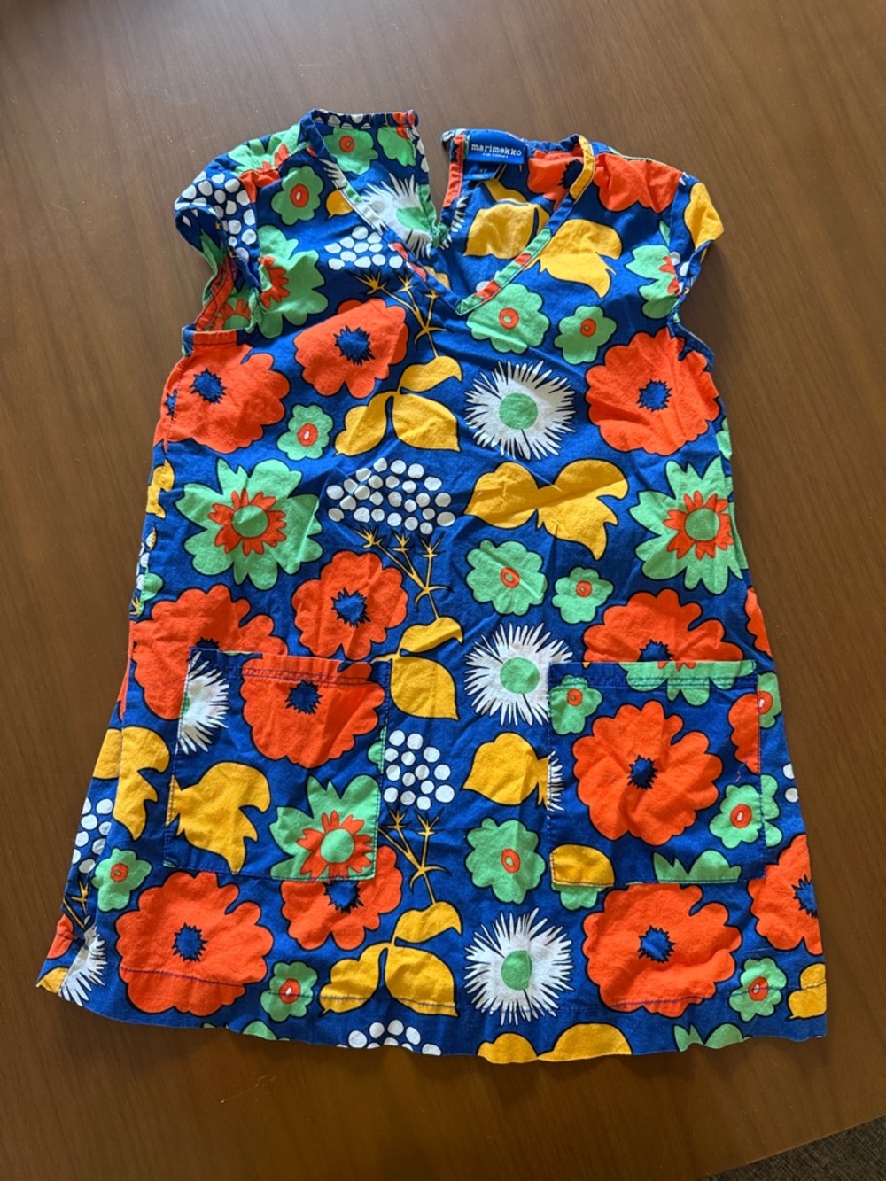 Marimekko Blue Floral Cotton Dress with Red, Yellow & Green Accents